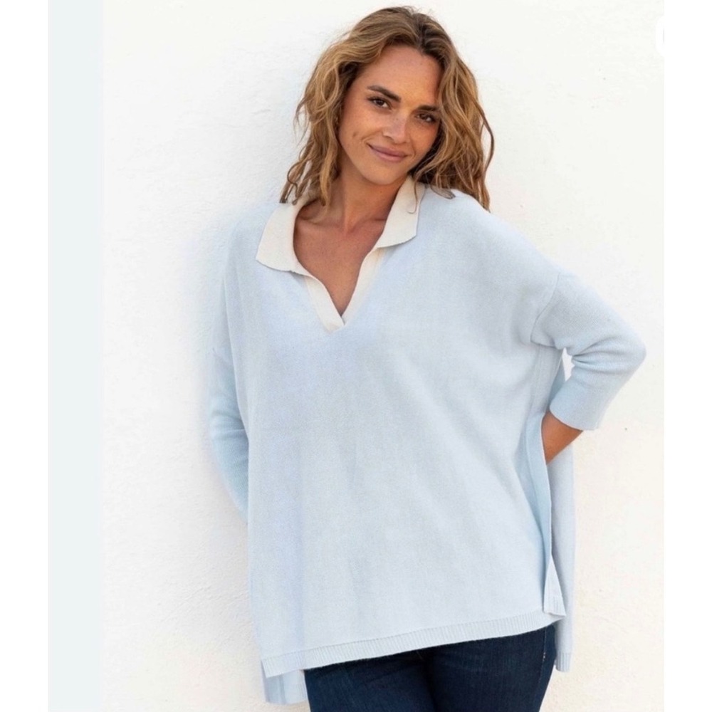 Mersea OS Catalina Light Blue Polo V-Neck Oversized Lightweight Knit Sweater